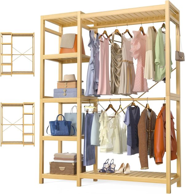 Bamboo Clothes Rack Garment Rack for Hanging Clothes, Heavy Duty Clothing Rack with 7 Tiers Adjustable Shelves, Double Rods, 4 Hooks, Freestanding Closet System Organizer Wardrobe, Natural