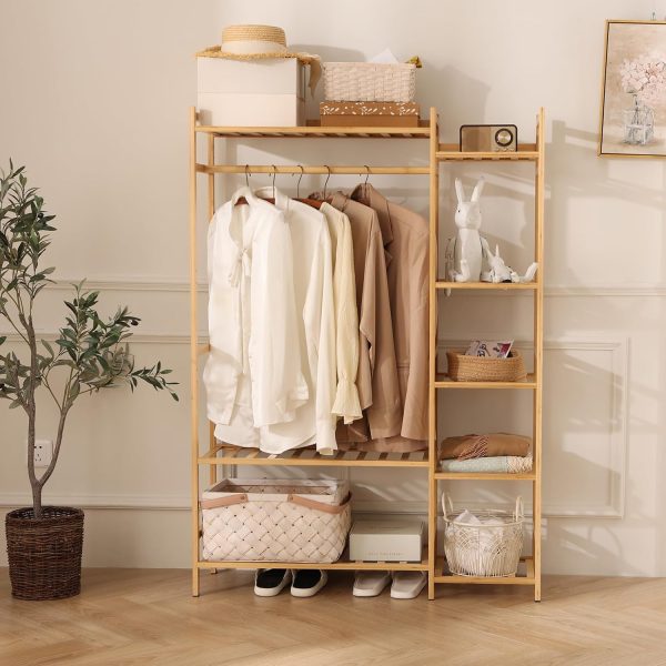 Bamboo Clothing Garment Rack, 8 Tier Clothes Storage Hanging Rack, Portable Wardrobe Closet Organizer With Top Shelf, Shoe Storage Shelves for Bedroom