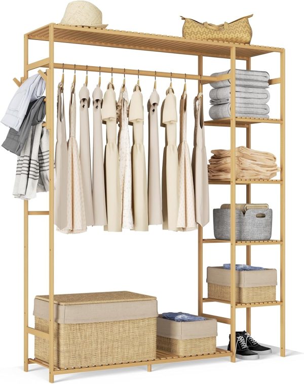 48" Bamboo Garment Rack Multi Tier Clothes Rack Storage Shelves with Side Hook & Pants Rack, Heavy Duty Clothing Hanging Rack Freestanding Indoor Wardrobe Closet Organizer, Natural