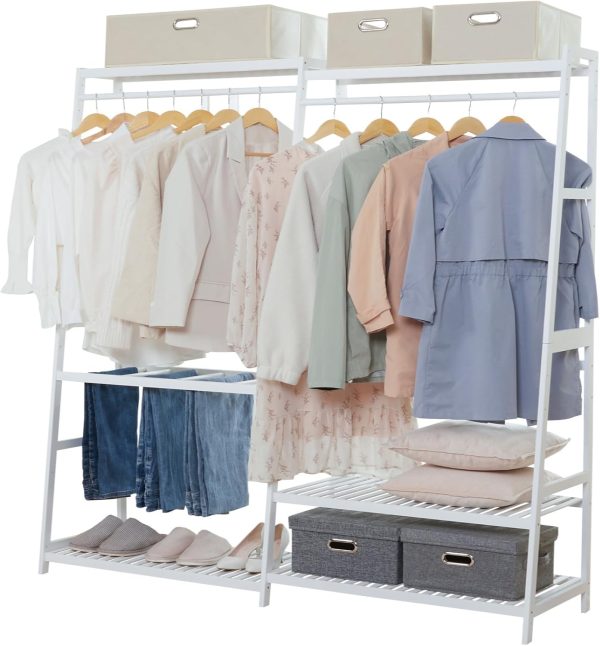 Bamboo Clothes Rack, Heavy Duty Garment Holder for Hanging Cloth, Max Load 440lbs, Freestanding Clothing Closet Organizer with 6 Shelves,White