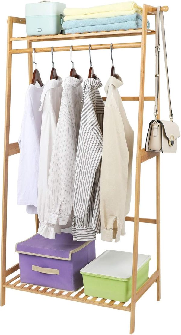 Bamboo Clothes Hanging Rack with 2 Tier Storage Shelves and 2 Coat Hooks Portable Laundry Rack Cloest Organizer Garment Rack for Bedroom Guest Room