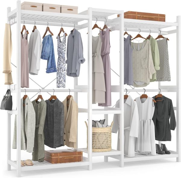 Bamboo Closet System Clothes Rack, Large Freestanding Garment Rack Clothing Rack for Hanging Clothes with 7 Storage Shelves and 5 Rods, Open Wardrobe Organizer with 4 Hooks, White