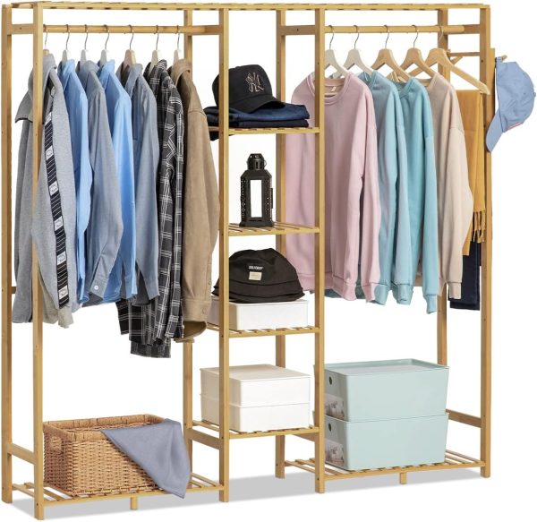Bamboo Clothes Rack with Double Rods and Storage Shelves Free Standing Open Wardrobe Rack for Hanging Clothes and Storage for Bedroom Living Room, Natural