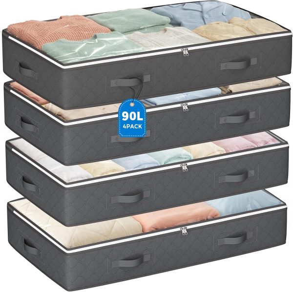 90L Under Bed Storage Containers, Closet Organizers and Storage Bins, Foldable Underbed Storage Bags for Linen Sheets, Blanket, Clothing, Comforter, Sweaters, Pillows, Wrapping Paper, Grey