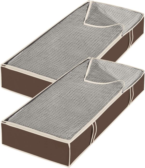 Under Bed Storage Bags 2 Pack, Zippered Underbed Storage Containers with Clear Window and Handles, Foldable Clothes Blanket Storage Organizer, 18 x 42 x 6 Inches, Java