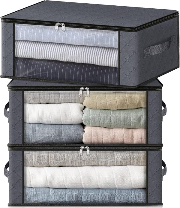 Storage 3-Pack Clothes Organizer Storage Bags Foldable Storage Box with Large Clear Window Sturdy Handles for Closet, Dorm, Pillows, Bedding, Clothes, Blankets, 35L, Gray