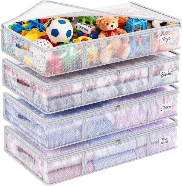4pcs 90L Under Bed Storage Containers Bins Clear Closet Underbed Organizers and Storage for Blanket, Clothing, Sweaters, Pillows, Linen Sheets with Sturdy Handle and Zippers
