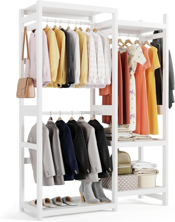 Bamboo Closet Organizer System, Heavy Duty Clothes Rack for Hanging Clothes with Adjustable Shelves, Garment Rack Wardrobe Storage for Room Organization, 77" H x 47.2" W x 716.3" D White