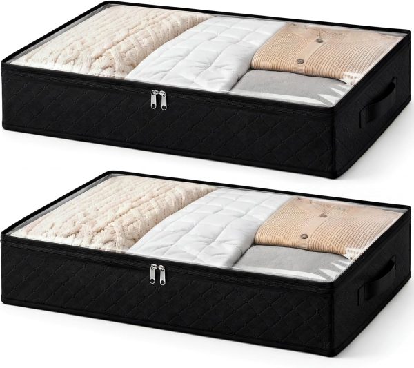 Black Underbed Storage Bags with Clear Window and 2 Reinforced Handles Under Bed Storage Containers for Clothing, Bedding, Comforter (2 Pack)