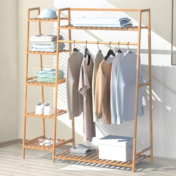 Bamboo Clothing Garment Rack,Free Standing Clothes Coat Hanger,Closet Organizer w/Shoe Rack,Multi-tiered Wardrobe Storage Shelves,Clothes Hanging Rack for Hall,Living Room,Bedroom,Entryway